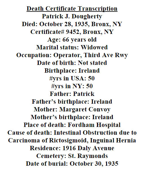 Patrick J. Dougherty Oct 28, 1935 death certificate transcription
